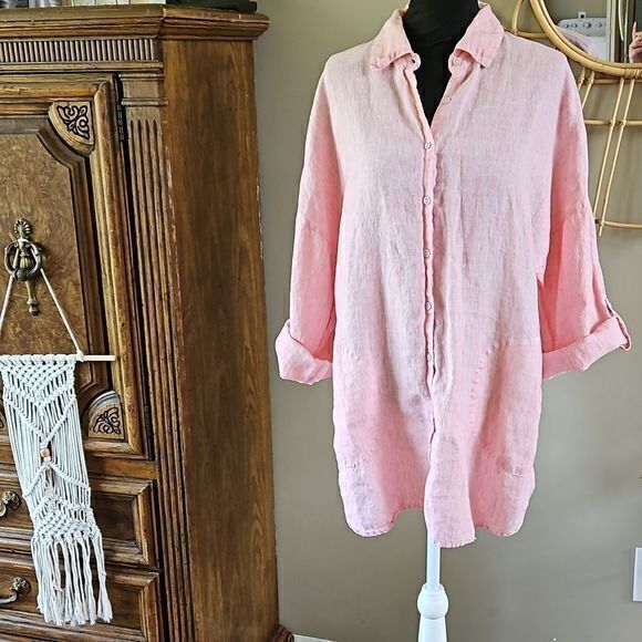 Chico's Striped Linen 3/4 Sleeve‎ Button Down with Button Up Cuffs Sz 2 - Picture 10 of 16